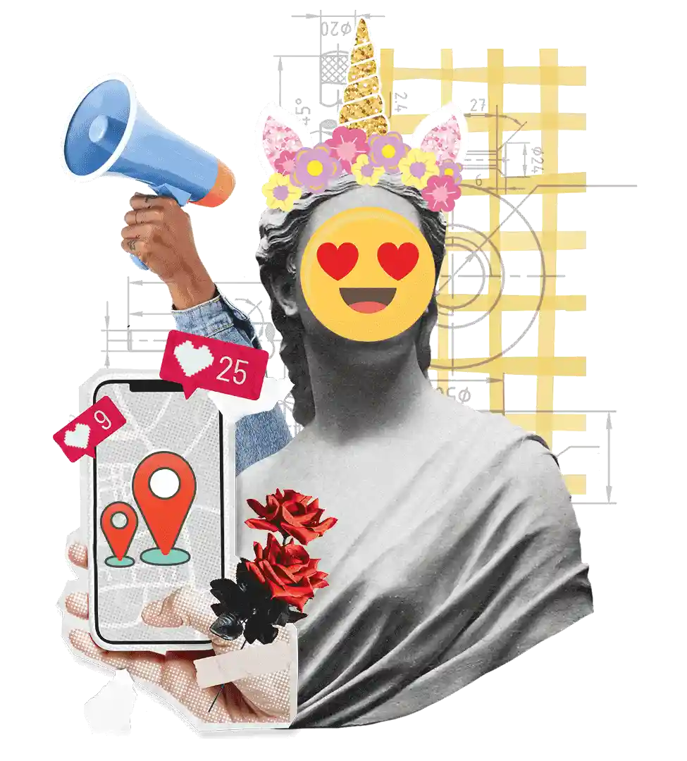 A collage style image with a statue, emojis and google map pins, created by Bald content agency.